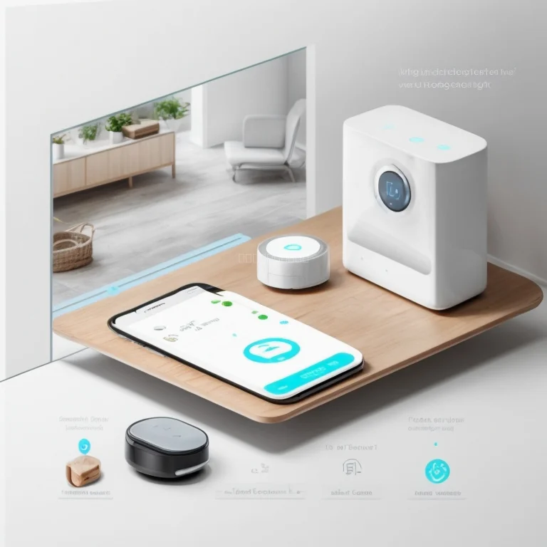 Modern living room with AI smart devices and wall display showing automation controls